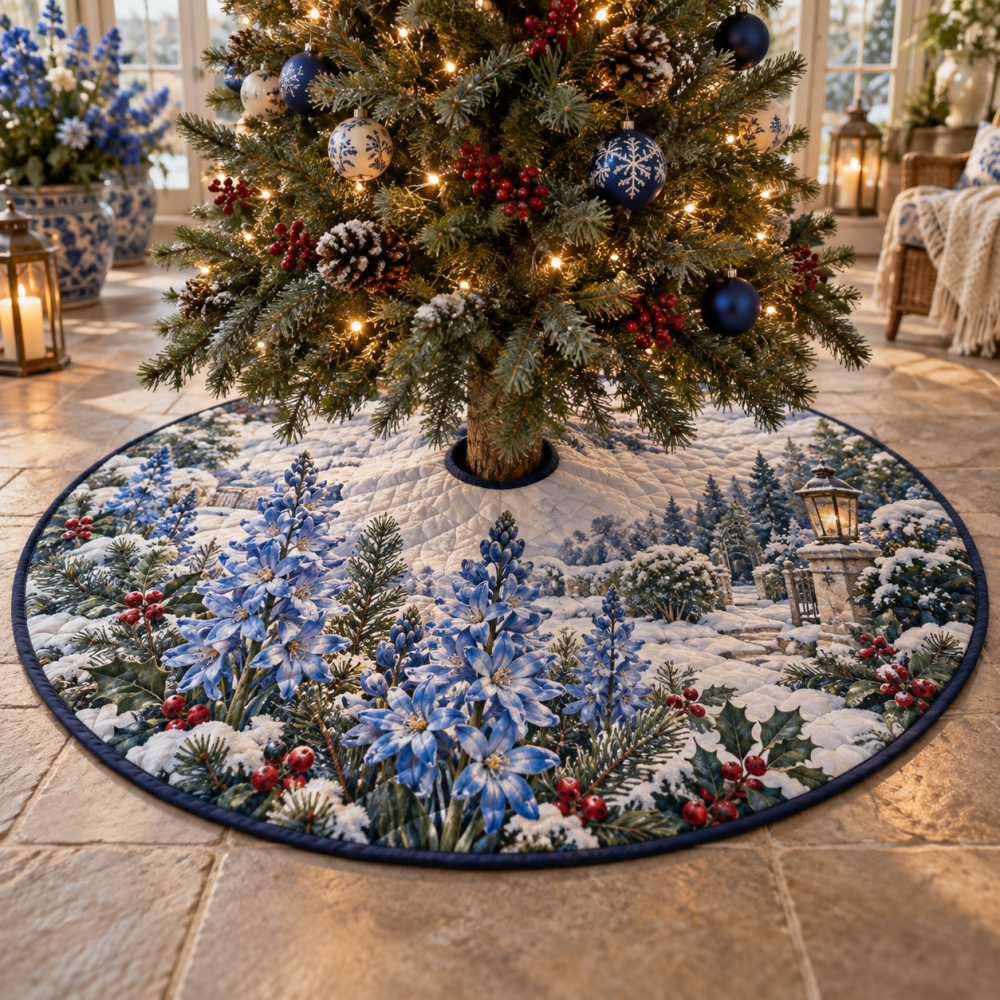 Plush Quilted Tree Skirt With Camassia Floral - Stylish Christmas Tree Base Cover, Soft Holiday Decor & Easy Maintenance