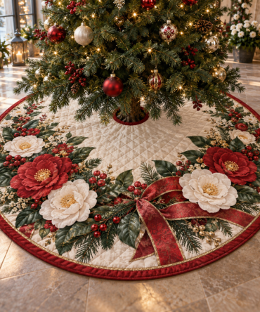 Refined Winter Camellia Quilted Tree Skirt — Classic Floral Christmas Tree Skirt, Soft Luxe Cotton Blend, Elegant Holiday Base