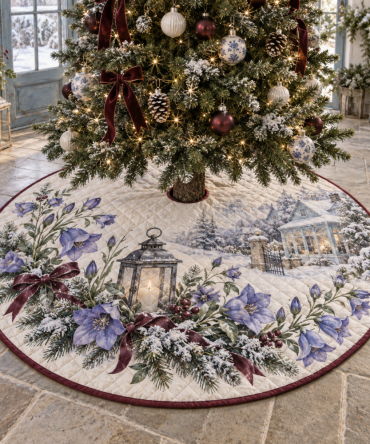 Heritage Quilted Christmas Tree Skirt — Winter Campanula Floral Design, Plush Patchwork Base Cover For Timeless Holiday Styling