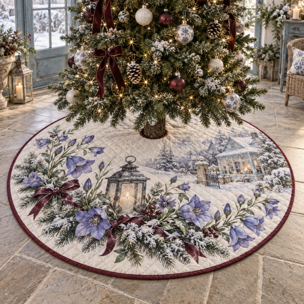 Heritage Quilted Christmas Tree Skirt — Winter Campanula Floral Design, Plush Patchwork Base Cover For Timeless Holiday Styling