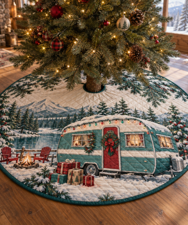 Retro Winter Camper Quilted Tree Skirt - Adventure-Inspired Christmas Tree Skirt For Cabin, Rv & Rustic Holiday Decorating