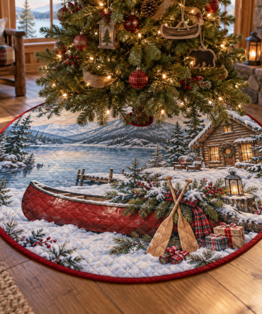 Canoe & Lake Quilted Christmas Tree Skirt — Rustic Winter Canoe Holiday Décor, Soft Quilting, Durable Cotton-Blend, Cozy Cabin Style