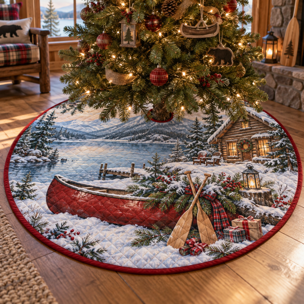 Canoe & Lake Quilted Christmas Tree Skirt — Rustic Winter Canoe Holiday Décor, Soft Quilting, Durable Cotton-Blend, Cozy Cabin Style