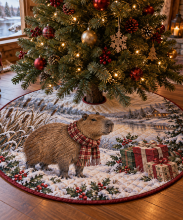 Whimsical Quilted Christmas Tree Skirt — Winter Capybara Pattern, 48" Soft-Finish Holiday Base, Machine Washable & Family-Friendly