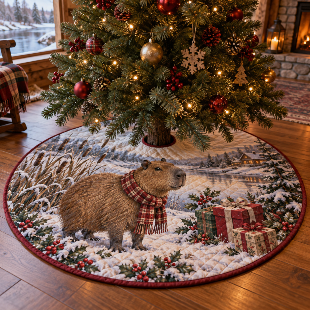Whimsical Quilted Christmas Tree Skirt — Winter Capybara Pattern, 48" Soft-Finish Holiday Base, Machine Washable & Family-Friendly