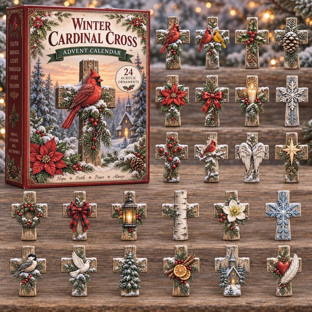 Winter Cardinal Cross 2026 Advent Calendar — 24-Day Christian Holiday Countdown With 24 Acrylic Charms, Nativity-Friendly Decorative Gift