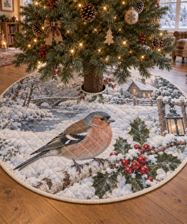 Luxurious Quilted Christmas Tree Skirt - Chaffinch Winter Print Tree Collar, 48 Inch Round, Charming Cozy Base Cover