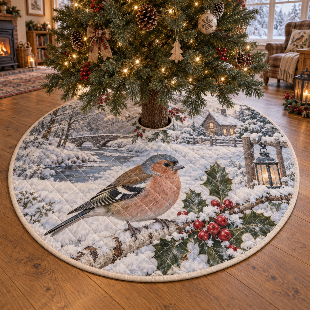 Luxurious Quilted Christmas Tree Skirt - Chaffinch Winter Print Tree Collar, 48 Inch Round, Charming Cozy Base Cover