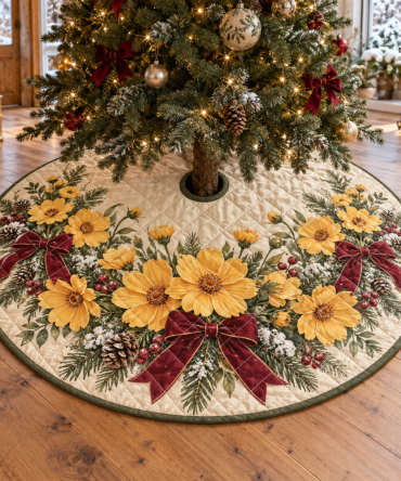 Luxurious Quilted Christmas Tree Skirt - Coreopsis Floral Holiday Collar, 48 Inch Round, Vibrant Cozy Base Cover