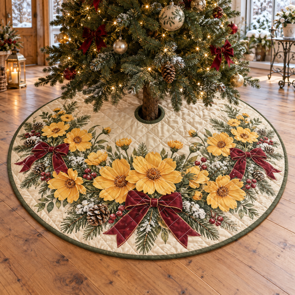 Luxurious Quilted Christmas Tree Skirt - Coreopsis Floral Holiday Collar, 48 Inch Round, Vibrant Cozy Base Cover