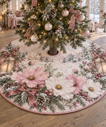 Luxurious Quilted Christmas Tree Skirt - Cosmos Floral Holiday Print Collar, 48 Inch Round, Soft Cozy Living Room Accent