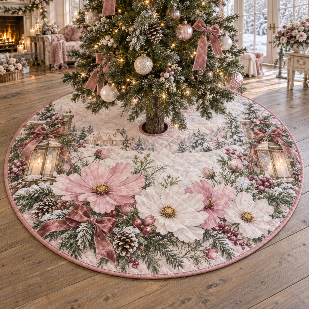 Luxurious Quilted Christmas Tree Skirt - Cosmos Floral Holiday Print Collar, 48 Inch Round, Soft Cozy Living Room Accent