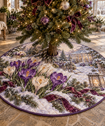 Bright Quilted Christmas Tree Skirt — Winter Crocus Floral Design, Plush Patchwork Base Cover For Cheerful Holiday Decorating