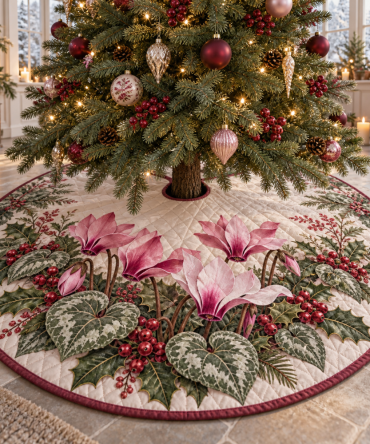 Vibrant Quilted Christmas Tree Skirt — Winter Cyclamen Floral Pattern, 48" Premium Textile, Fade-Resistant, Soft Lined Holiday Base