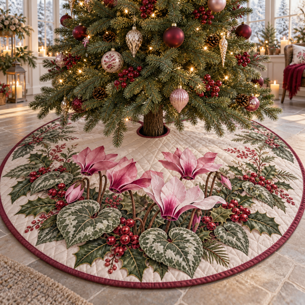 Vibrant Quilted Christmas Tree Skirt — Winter Cyclamen Floral Pattern, 48" Premium Textile, Fade-Resistant, Soft Lined Holiday Base