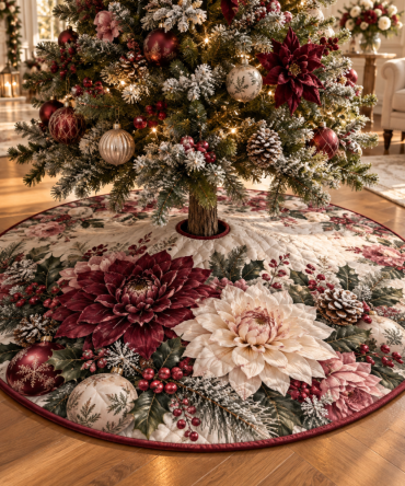 Luxurious Quilted Christmas Tree Skirt In Winter Dahlia — 48" Rich Textile, Soft Backing, Fade-Resistant, Elegant Holiday Centerpiece