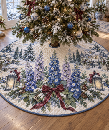 Elegant Quilted Christmas Tree Skirt — Winter Delphinium Floral Base Cover, Soft Patchwork Holiday Accent For Cozy Living Rooms
