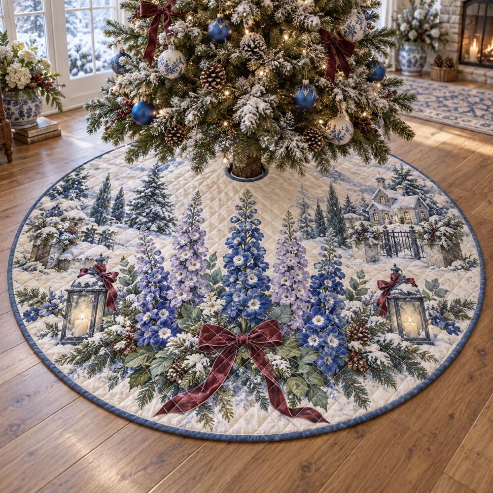 Elegant Quilted Christmas Tree Skirt — Winter Delphinium Floral Base Cover, Soft Patchwork Holiday Accent For Cozy Living Rooms