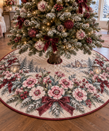 Classic Quilted Tree Skirt — Winter Dianthus Floral Base Cover, Soft Patchwork Christmas Skirt To Beautify Seasonal Displays