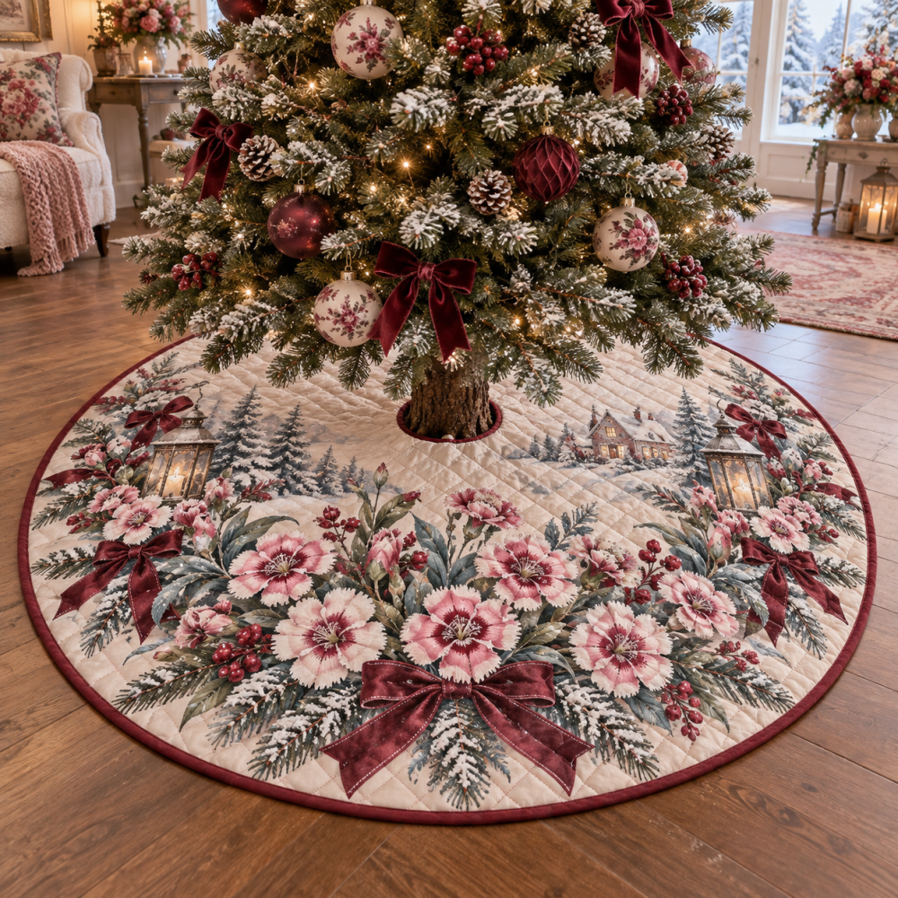 Classic Quilted Tree Skirt — Winter Dianthus Floral Base Cover, Soft Patchwork Christmas Skirt To Beautify Seasonal Displays