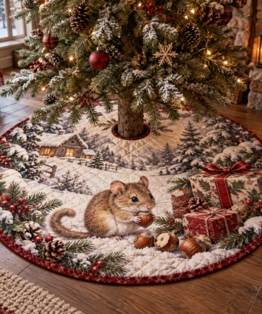 Charming Winter Dormouse Quilted Christmas Tree Skirt - Woodland Animal Holiday Decor, Soft Quilted Base, Washable & Gift-Ready