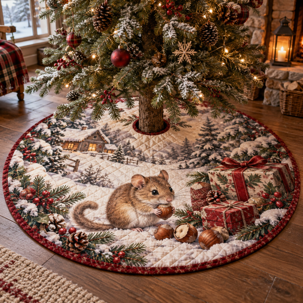 Charming Winter Dormouse Quilted Christmas Tree Skirt - Woodland Animal Holiday Decor, Soft Quilted Base, Washable & Gift-Ready