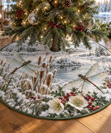 Whimsical Quilted Dragonfly Christmas Tree Skirt — Winter Insect Motif Holiday Tree Skirt, Lightweight Soft Quilted Décor