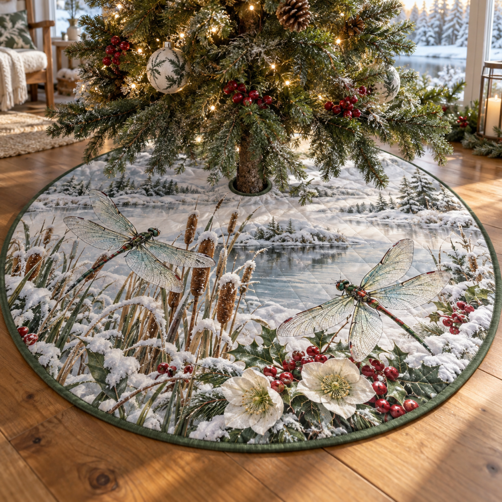 Whimsical Quilted Dragonfly Christmas Tree Skirt — Winter Insect Motif Holiday Tree Skirt, Lightweight Soft Quilted Décor