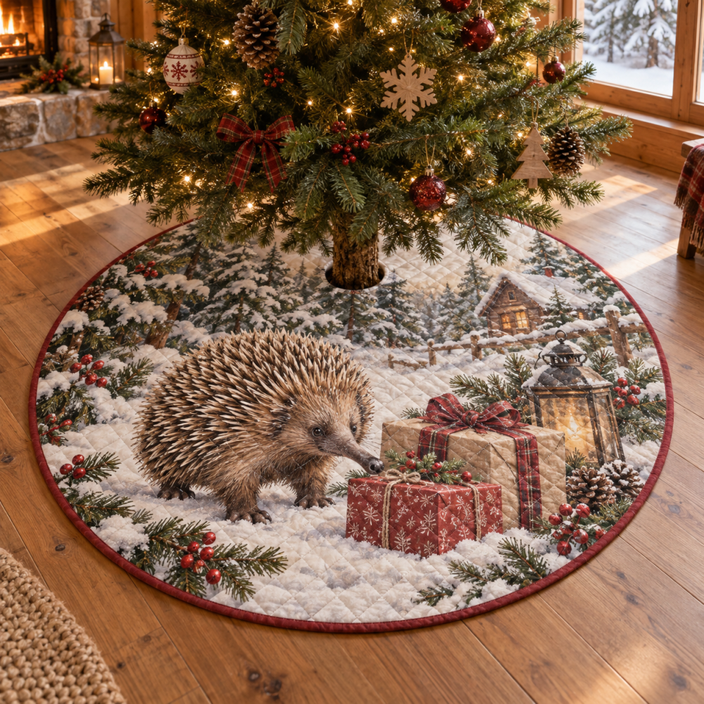 Winter Echidna Quilted Tree Skirt — Unique Textured Holiday Base Cover, Cozy Padded Quilting For Stylish Seasonal Displays & Gift-Ready Presentation