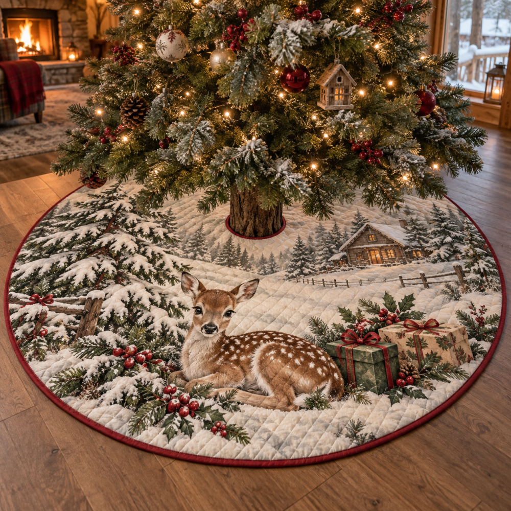 Neutral Quilted Christmas Tree Skirt In Winter Fawn — 48" Soft-Touch Fabric, Protective Lining, Machine-Washable, Cozy Holiday Base