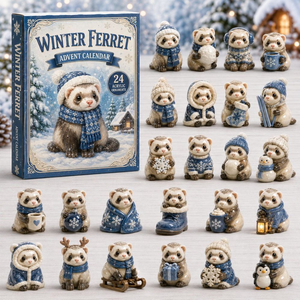 Winter Ferret Holiday Countdown Calendar — 24 Frosty Acrylic Charms, Cozy Seasonal Advent Gift For Ferret Fans 2026