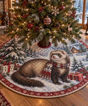 Cozy Quilted Holiday Tree Skirt With Winter Ferret Motif — 48" Velvet-Trim Base, Machine-Washable, Luxury Christmas Décor