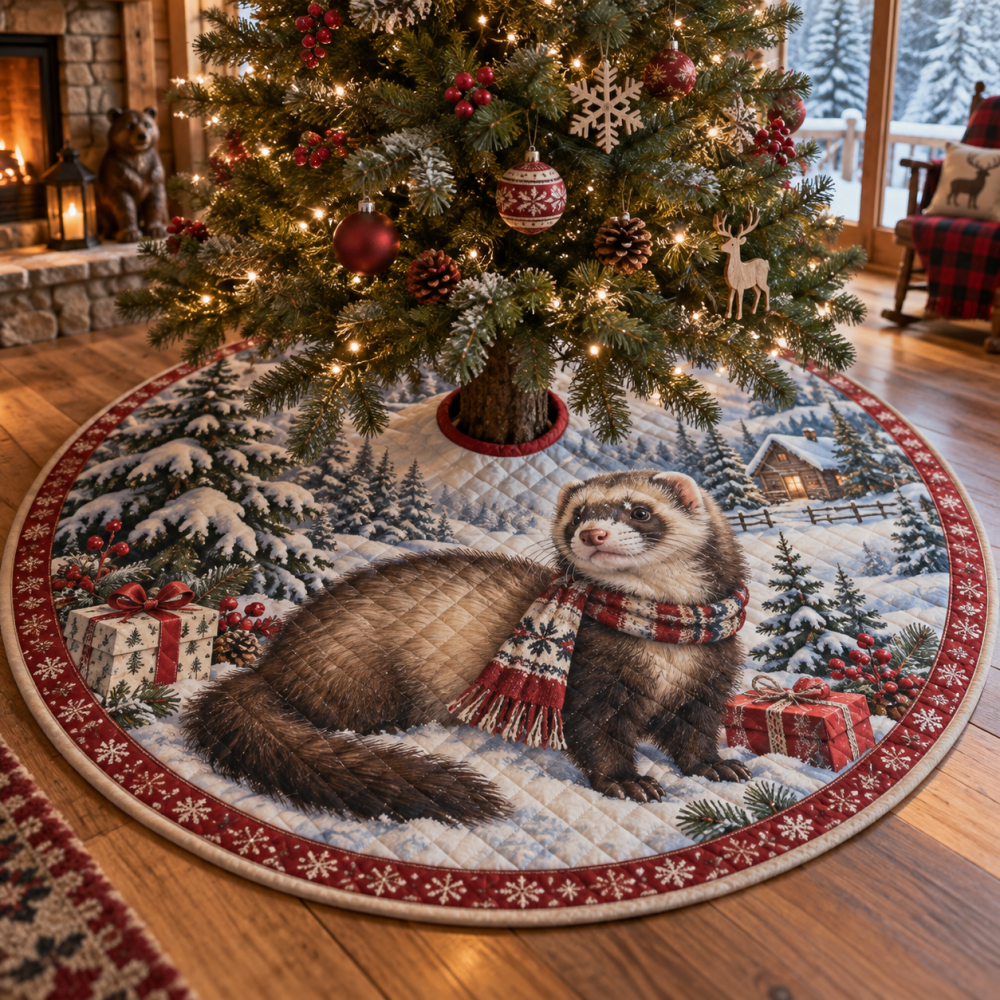 Cozy Quilted Holiday Tree Skirt With Winter Ferret Motif — 48" Velvet-Trim Base, Machine-Washable, Luxury Christmas Décor