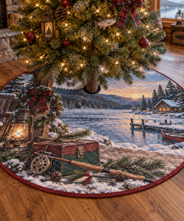 Winter Fishing Quilted Christmas Tree Skirt — Angler Holiday Décor With Fish & Reel Appliqués, Warm Quilted Texture, Cabin-Style Accent