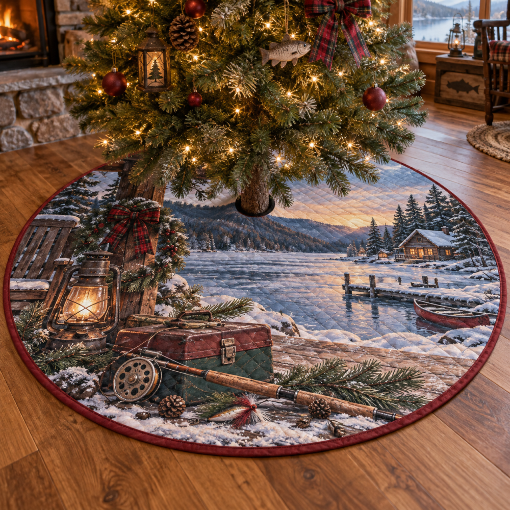 Winter Fishing Quilted Christmas Tree Skirt — Angler Holiday Décor With Fish & Reel Appliqués, Warm Quilted Texture, Cabin-Style Accent