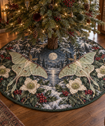 Enchanting Quilted Forest Moth Christmas Tree Skirt — Winter Woodland Moth Design, Ethereal Holiday Tree Skirt With Soft Quilting