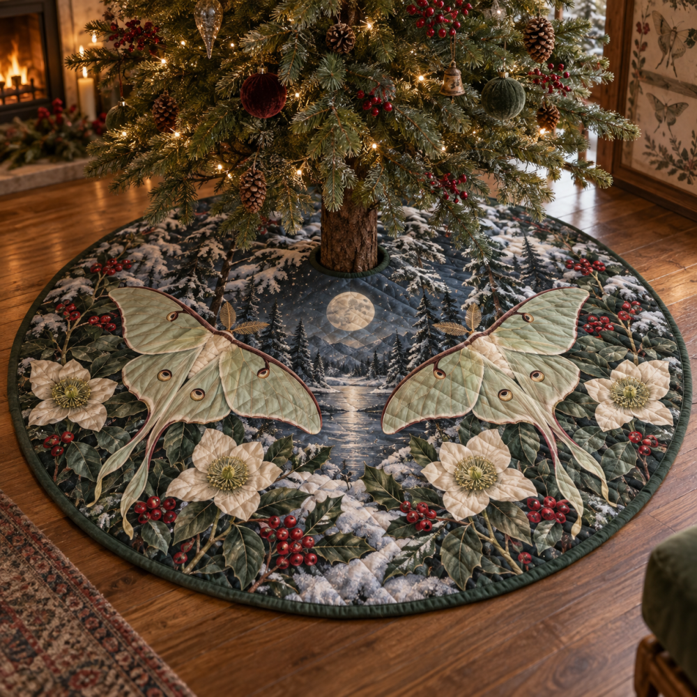 Enchanting Quilted Forest Moth Christmas Tree Skirt — Winter Woodland Moth Design, Ethereal Holiday Tree Skirt With Soft Quilting