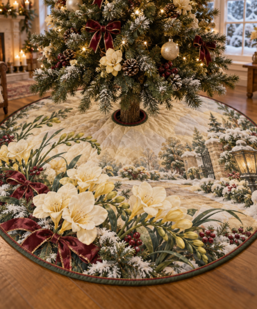 48-Inch Quilted Christmas Tree Skirt With Freesia Floral Motif — Elegant Holiday Tree Skirt, Reversible & Easy-Care Machine Washable