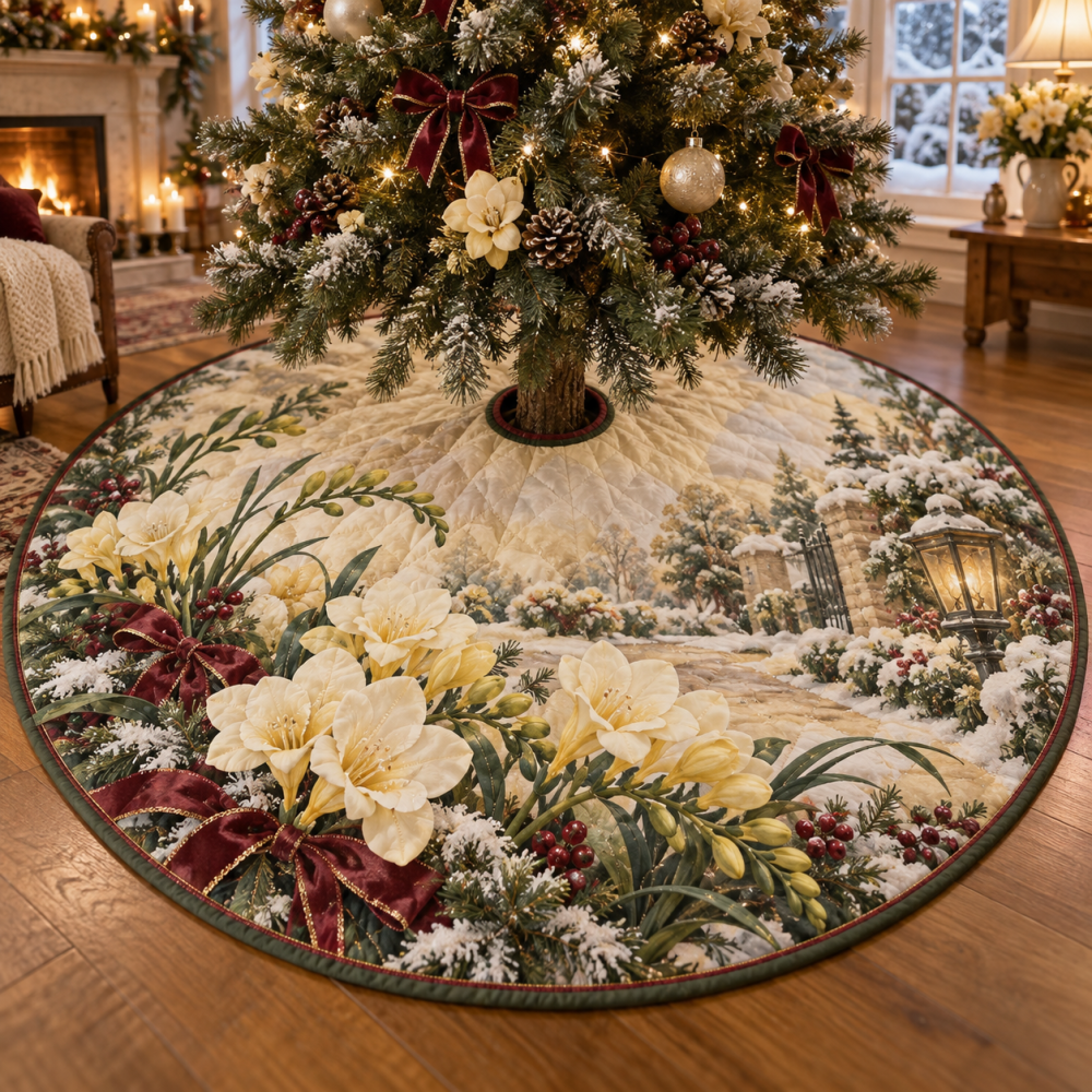 48-Inch Quilted Christmas Tree Skirt With Freesia Floral Motif — Elegant Holiday Tree Skirt, Reversible & Easy-Care Machine Washable