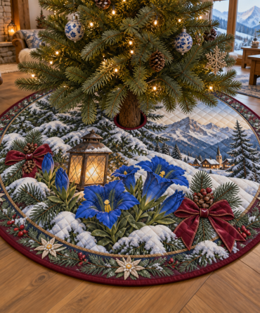 Winter Gentian Quilted Tree Skirt — Elegant Alpine Floral Holiday Base Cover, Soft Quilting & Refined Seasonal Accent For Classic Christmas Interiors