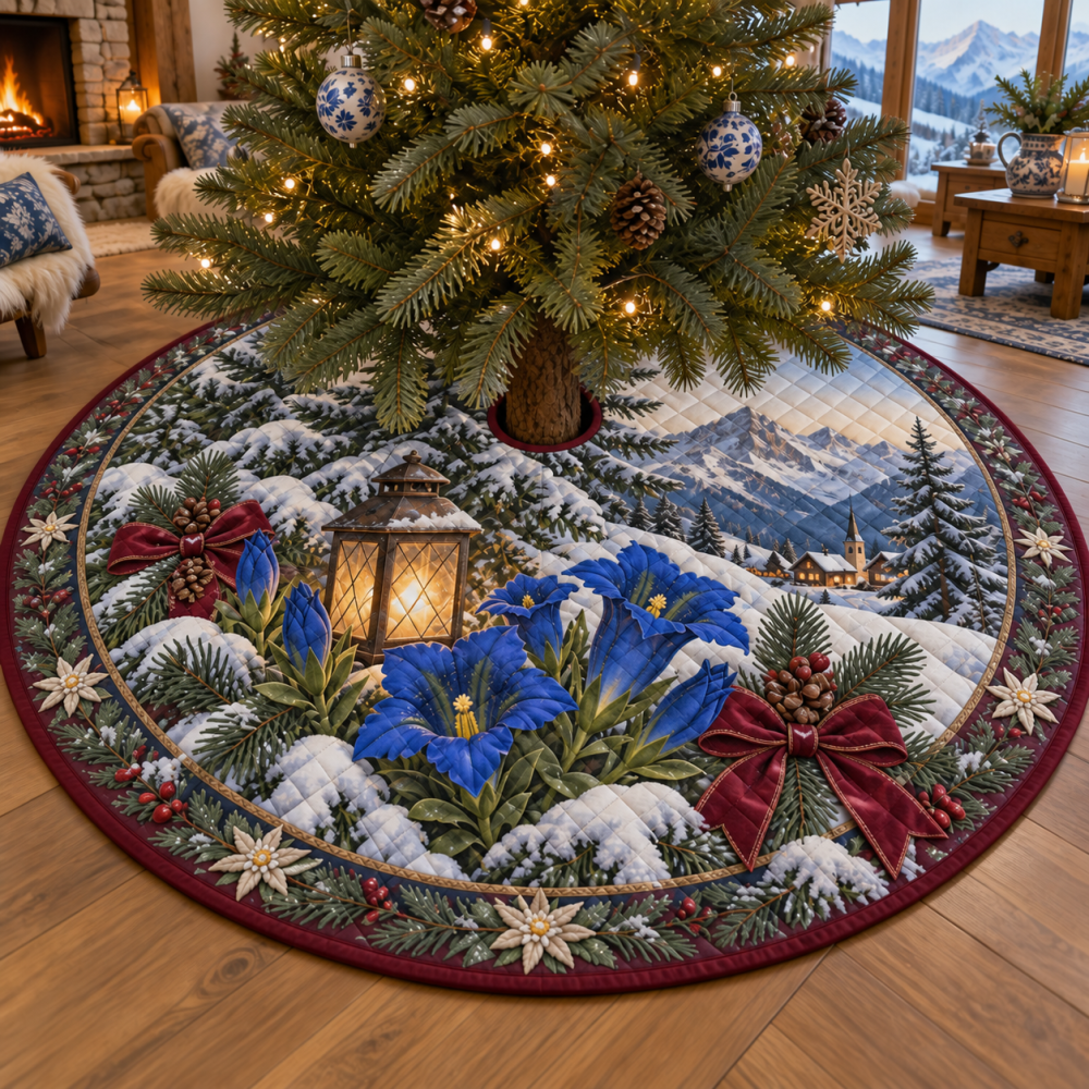 Winter Gentian Quilted Tree Skirt — Elegant Alpine Floral Holiday Base Cover, Soft Quilting & Refined Seasonal Accent For Classic Christmas Interiors
