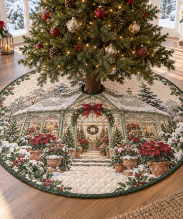 Winter Greenhouse Quilted Tree Skirt - Botanical Holiday Tree Skirt With Greenhouse & Plant Motifs For Nature-Lovers