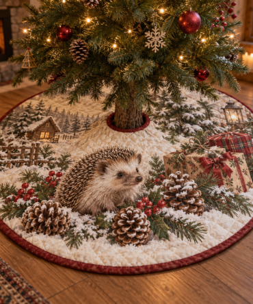 Cute Winter Hedgehog Quilted Christmas Tree Skirt - Playful Woodland Holiday Accent, Soft Quilting, Reversible & Machine-Friendly