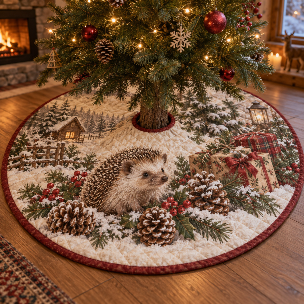 Cute Winter Hedgehog Quilted Christmas Tree Skirt - Playful Woodland Holiday Accent, Soft Quilting, Reversible & Machine-Friendly