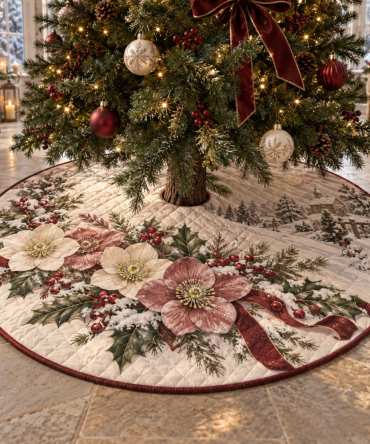 Winter Hellebore Quilted Christmas Tree Skirt - Botanical Holiday Base With Luxurious Quilting, Reversible & Easy Care