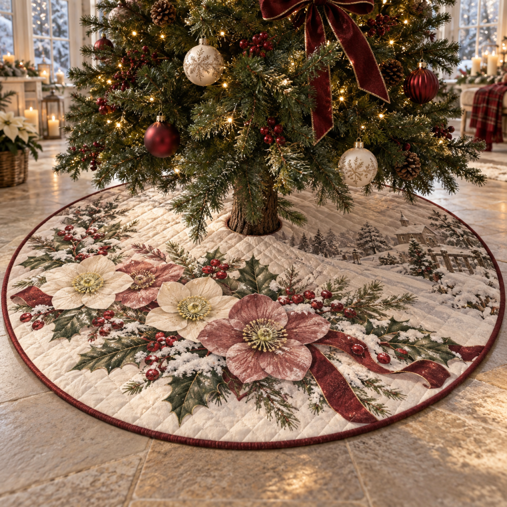 Winter Hellebore Quilted Christmas Tree Skirt - Botanical Holiday Base With Luxurious Quilting, Reversible & Easy Care