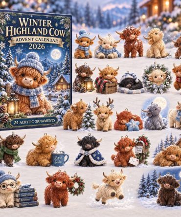 Winter Highland Cow 24-Day Charm Countdown — Cozy Acrylic Cattle Charms Advent Calendar 2026, Charming Farmhouse Holiday Gift