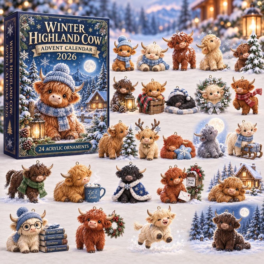Winter Highland Cow 24-Day Charm Countdown — Cozy Acrylic Cattle Charms Advent Calendar 2026, Charming Farmhouse Holiday Gift