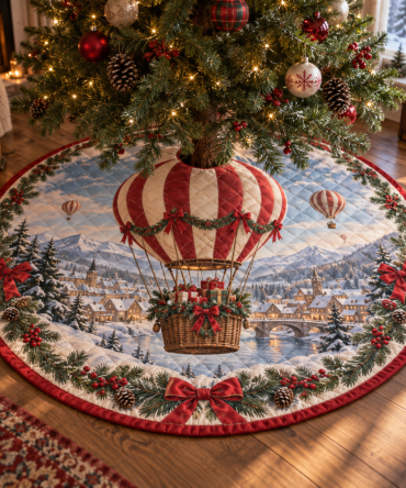 Whimsical Quilted Hot Air Balloon Tree Skirt — 48" Winter Balloon Motif Christmas Cover For Playful, Colorful Holiday Displays