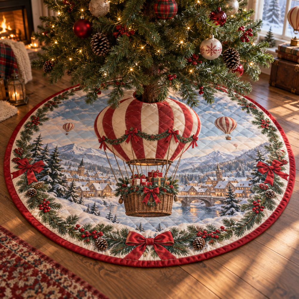 Whimsical Quilted Hot Air Balloon Tree Skirt — 48" Winter Balloon Motif Christmas Cover For Playful, Colorful Holiday Displays